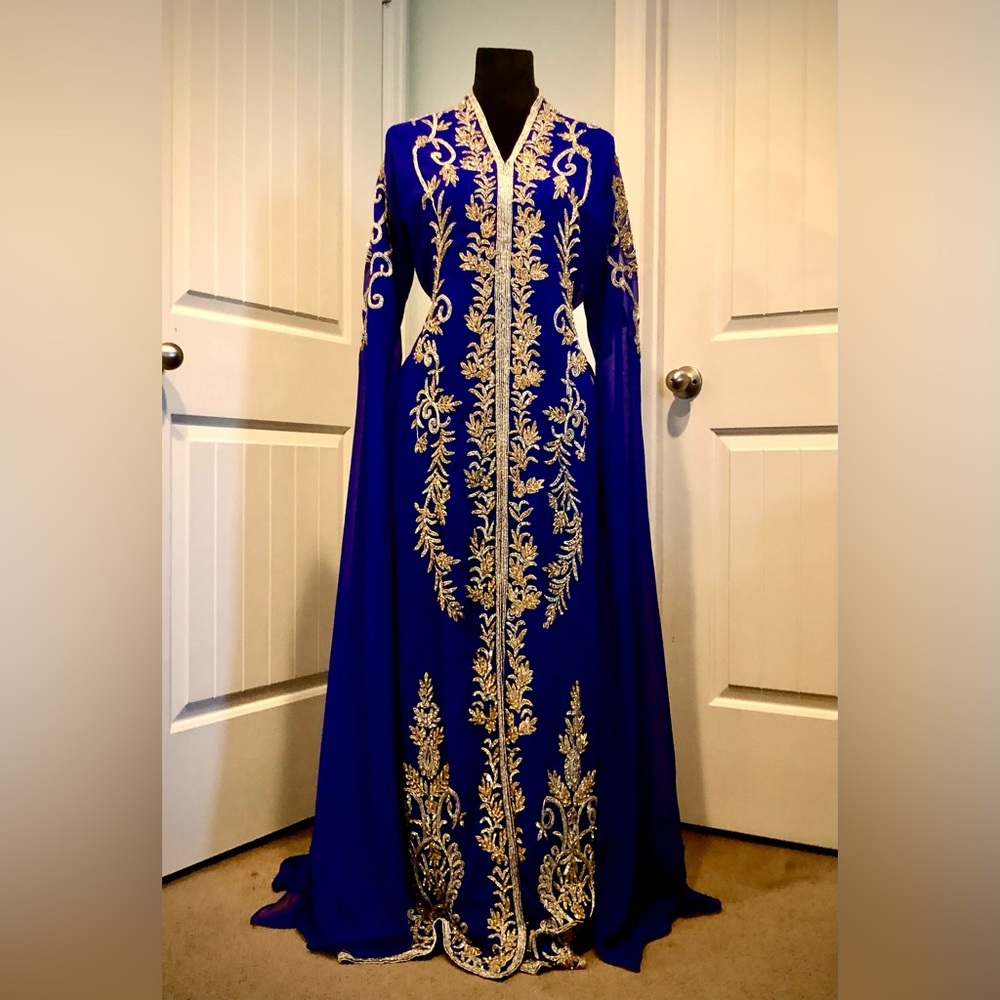Embroidered Royal Blue Long Sleeve Maxi Dress